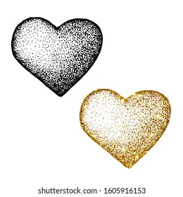 Set of gold and black heart with a pattern. Hand vector illustration isolated on white background. For cover design,Valentine's Day, print, business card, icon, template, postcard.