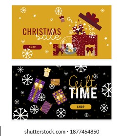 Set of Gold and black horizontal Web banners. Landing Christmas sale. Gifts fly on snowflakes, floating, open box. Modern flat illustration, trend color.