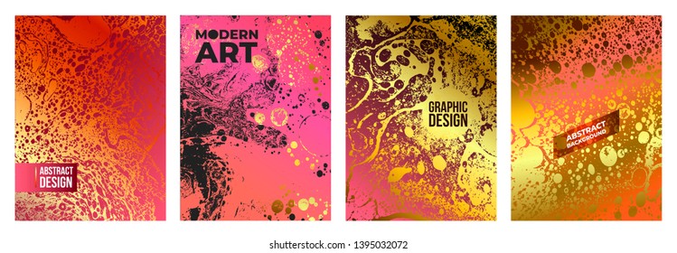 Set of gold and black marble textures backgrounds. Modern art book, magazine cover, flyer mockup. Vector illustration. Isolated on white background.