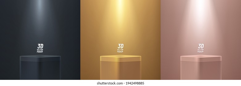 Set of gold, black, pink gold round corner cube pedestal podium display on empty room background. Abstract luxury vector rendering 3d shape for products presentation. Minimal wall scene, Studio room.