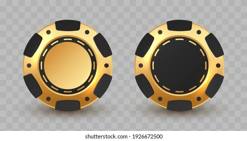 Set of gold and black poker chips, token with shadow on transparent background. Vector illustration for card, casino, game design, flyer, poster, decor, banner, web, advertising.