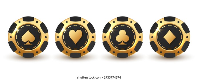 Set of gold, black poker chips, token with golden suits on white. Diamonds, clubs, hearts, spades. Vector illustration for casino, game design, flyer, poster, banner, web, advertising.