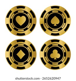 Conjunto de fichas de pôquer dourado e preto. Jogando fichas com ternos para poker e casino, Diamantes, clubes, corações, espadas fichas vetor modelo
