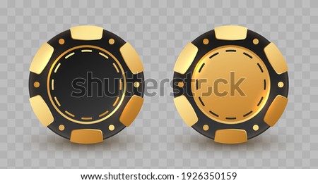 Set of gold and black poker chips, token with shadow on transparent background. Vector illustration for card, casino, game design, flyer, poster, decor, banner, web, advertising.