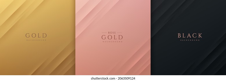 Set of gold, black and rose gold abstract background with dynamic diagonal stripe lines and shadow. Modern and simple template banner collection design. Luxury and elegant concept. EPS10 vector