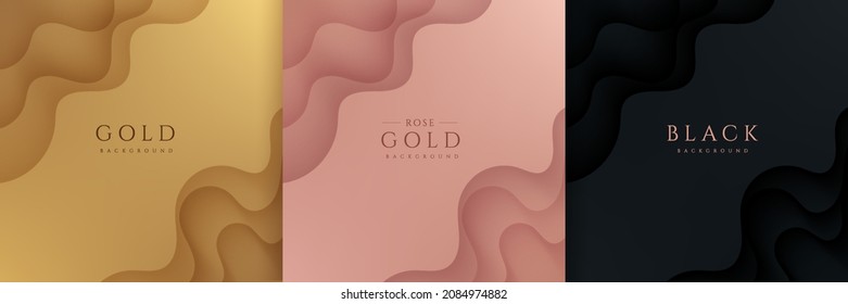 Set of gold, black and rose gold abstract background with dynamic wavy layers in paper cut style. Modern and simple template banner collection design. Luxury and elegant concept. Vector illustration