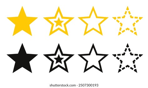 Set of gold, black stars with different variants on white background. Collection of rating icons.