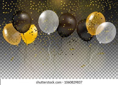 Set of gold, black, yellow, white helium ball isolated in the air. Celebration background template with balloons, confetti and ribbon on a transparent background. Vector illustration.