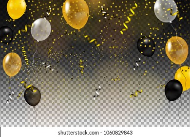 Set of gold, black, yellow, white helium ball isolated in the air. Celebration background template with balloons, confetti and ribbon on a transparent background. Vector illustration.