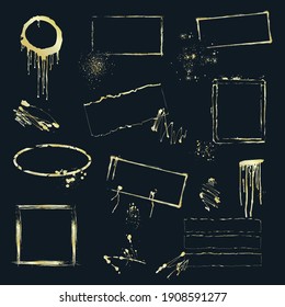 Set of gold blots, brush strokes, smudges of paint and frames, grunge vector illustration. 