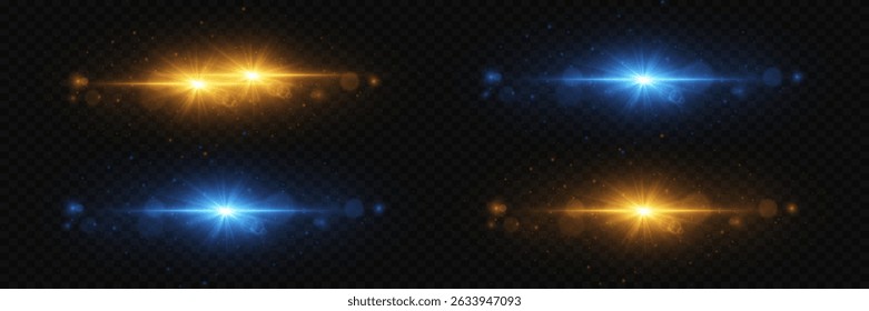 Set of gold and blue glowing sparkles with sparkles and starry magical and fantastic effect.