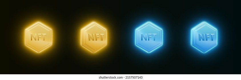 Set of gold and blue icons NFT non-fungible token coins with a bright glow on dark background. Vector illustration
