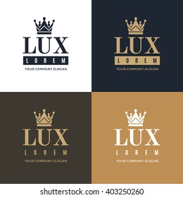 Set gold, blue and white logo on a blue, white and gold background with a picture of the silhouette of the crown and the words Lux. It symbolizes the highest quality, strength, indestructibility