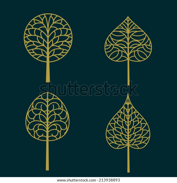 Set of gold bodhi leaf symbol and\
pattern isolated on dark background, vector\
illustration