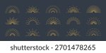 Set of gold boho half sunrise line icons with various retro, geometric, and radiating line designs