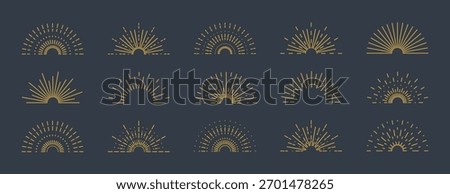 Set of gold boho half sunrise line icons with various retro, geometric, and radiating line designs
