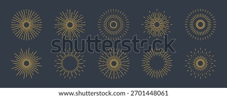 Set of gold boho sunrise line icons with various retro, geometric, and radiating line designs