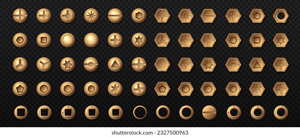 Set of gold bolt heads. Golden building materials and equipment on copy space. Template, layout and mock up. Realistic isometric vector collection isolated on transparent background