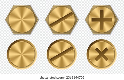 Set of gold bolt heads. Screw and bolt heads top view. Gold metal bolts. Vector illustration