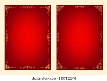 Set of gold border and frame template with corner Thailand line floral on red pattern background, Vector design decoration pattern Thai art style.frame border design is pattern
