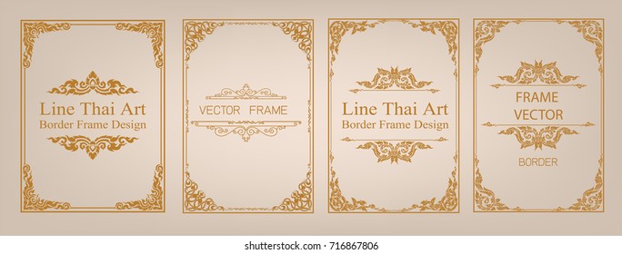 Set of gold border and frame template with corner Thailand line floral for picture, Vector design decoration pattern Thai art style.frame border design is pattern