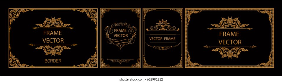 Set of Gold borders photo frames with corner thailand line floral for picture, Vector frame design decoration pattern style. frame border design is patterned Thai style