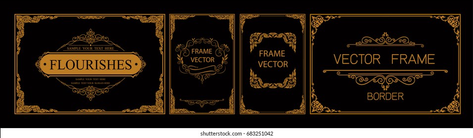 Set of Gold borders photo frames with corner thailand line floral for picture, Vector frame design decoration pattern style. frame border design is patterned Thai style