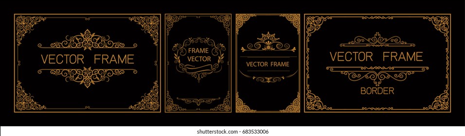 Set Of Gold Borders Photo Frames With Corner Thailand Line Floral For Picture, Vector Frame Design Decoration Pattern Style. Frame Border Design Is Patterned Thai Style