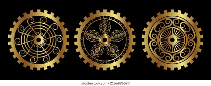 Set of gold and brass gears isolated on a black background vector illustration