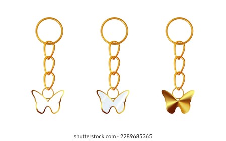 A set of gold or brass keychains in the shape of a butterfly. Chains made of metal or alloy. Metal key holders isolated on white background. Realistic vector illustration.