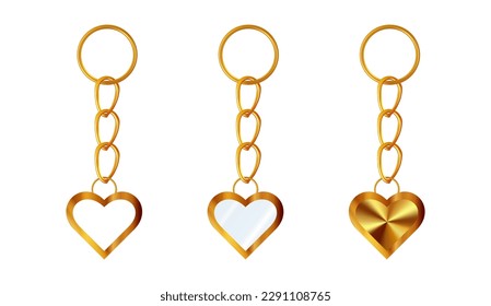 A set of gold or brass keychains in the shape of a heart. Chains made of stainless steel. Metal key holders isolated on white background. Realistic vector illustration.