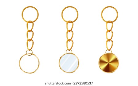 A set of gold or brass keychains in the shape of a circle. Chains made of stainless steel. Metal key holders isolated on white background. Realistic vector illustration.
