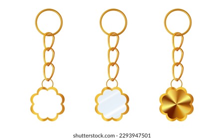 A set of gold or brass keychains in the shape of a flower. Chains made of stainless steel. Metal key holders isolated on white background. Realistic vector illustration.