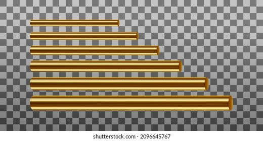 A set of gold or brass pipes of various diameters. Realistic vector illustration isolated on transparent background. Banner.