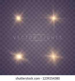 Set of gold bright beautiful stars. Light effect glow. Shine ray with lightning. Christmas abstract pattern. White sparks glitter special light effect.