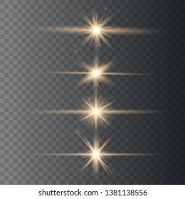 Set of gold bright beautiful stars. Light effect Bright Star. Christmas star. gold sparks sparkle gold a special light. Vector sparkles on transparent background. Vector illustration eps10.