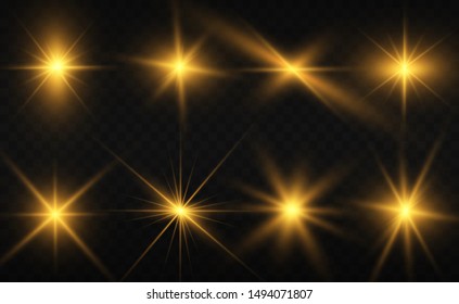 Set of gold bright beautiful stars. Light effect Bright Star. Beautiful light for illustration. Christmas star. White sparks sparkle with a special light. Vector sparkles on transparent background