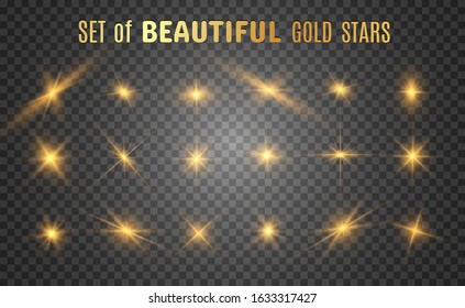 Set of gold bright beautiful stars. Light effect Bright Star. Beautiful light for illustration. Christmas star. White sparks sparkle with a special light. Vector sparkles on transparent background