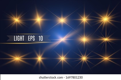 Set of gold bright beautiful stars. Light effect Bright Star. Beautiful light for illustration. Christmas star. White sparks sparkle with a special light. Vector sparkles on transparent background
