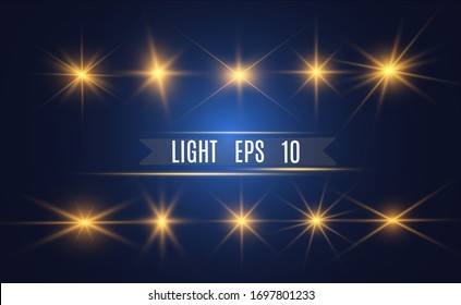 Set of gold bright beautiful stars. Light effect Bright Star. Beautiful light for illustration. Christmas star. White sparks sparkle with a special light. Vector sparkles on transparent background