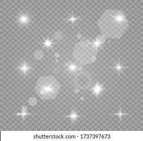 Set of gold bright beautiful stars. Light effect Bright Star. Beautiful light for illustration. Christmas star. Vector sparkles on transparent background.White glowing light.