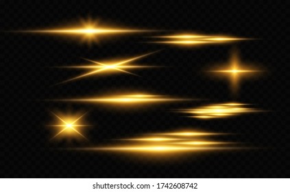 Set of gold bright beautiful stars. Light effect Bright Star. Beautiful light for illustration. Christmas star. White sparks sparkle with a special light. Vector sparkles on transparent background