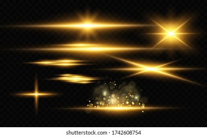 Set of gold bright beautiful stars. Light effect Bright Star. Beautiful light for illustration. Christmas star. White sparks sparkle with a special light. Vector sparkles on transparent background