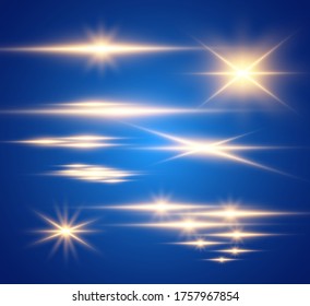 Set of gold bright beautiful stars. Light effect Bright Star. Beautiful light for illustration. Christmas star. White sparks sparkle with a special light. Vector sparkles on transparent background