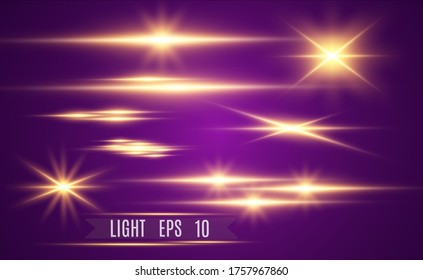 Set of gold bright beautiful stars. Light effect Bright Star. Beautiful light for illustration. Christmas star. White sparks sparkle with a special light. Vector sparkles on transparent background