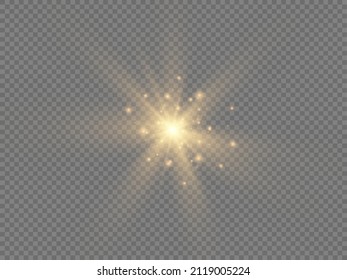Set of gold bright beautiful stars. Golden glitter and glare. Yellow sparks sparkle with a special light. Bright flashes. Magical explosion with star dust. Sun flash. Christmas vector illustration. 