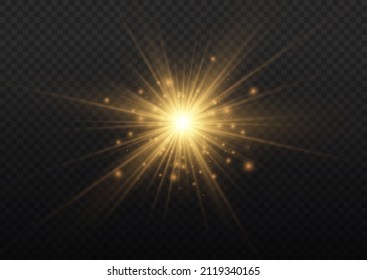 Set of gold bright beautiful stars. Golden glitter and glare. Yellow sparks sparkle with a special light. Bright flashes. Magical explosion with star dust. Sun flash. Christmas vector illustration. 