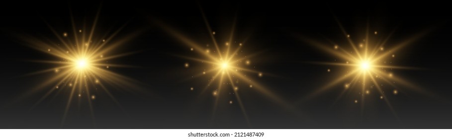 Set of gold bright beautiful stars. Golden glitter and glare. Yellow sparks sparkle with a special light. Bright flashes. Magical explosion with star dust. Sun flash. Christmas vector illustration.