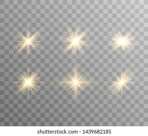 Set of gold bright stars. Light effect Beautiful set for an illustration. Christmas star