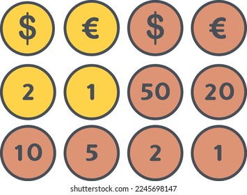 Set of gold and bronze euro and dollar coins with different denominations